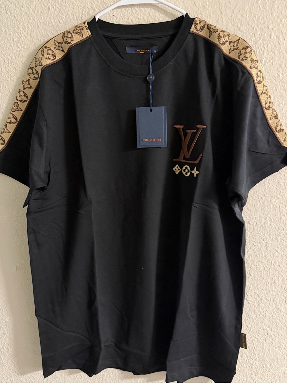 Louis Vuitton Black Tee with Brown Monogram Shoulder Trim